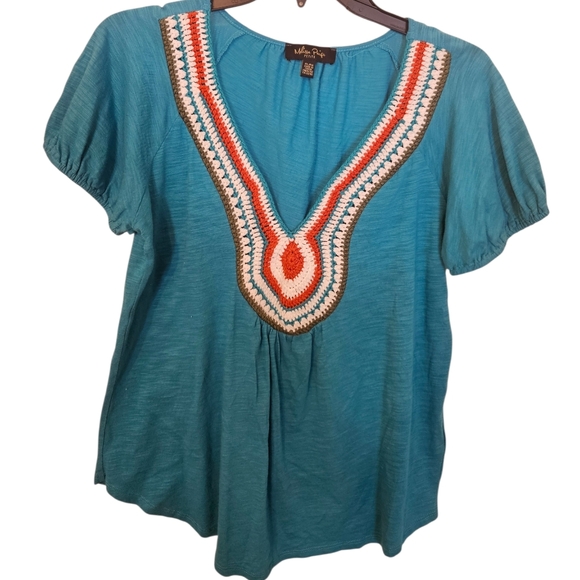 Melissa Paige Tops - Melissa Paige Teal Blue Tunic Multi-color Crochet Trim Sz PL